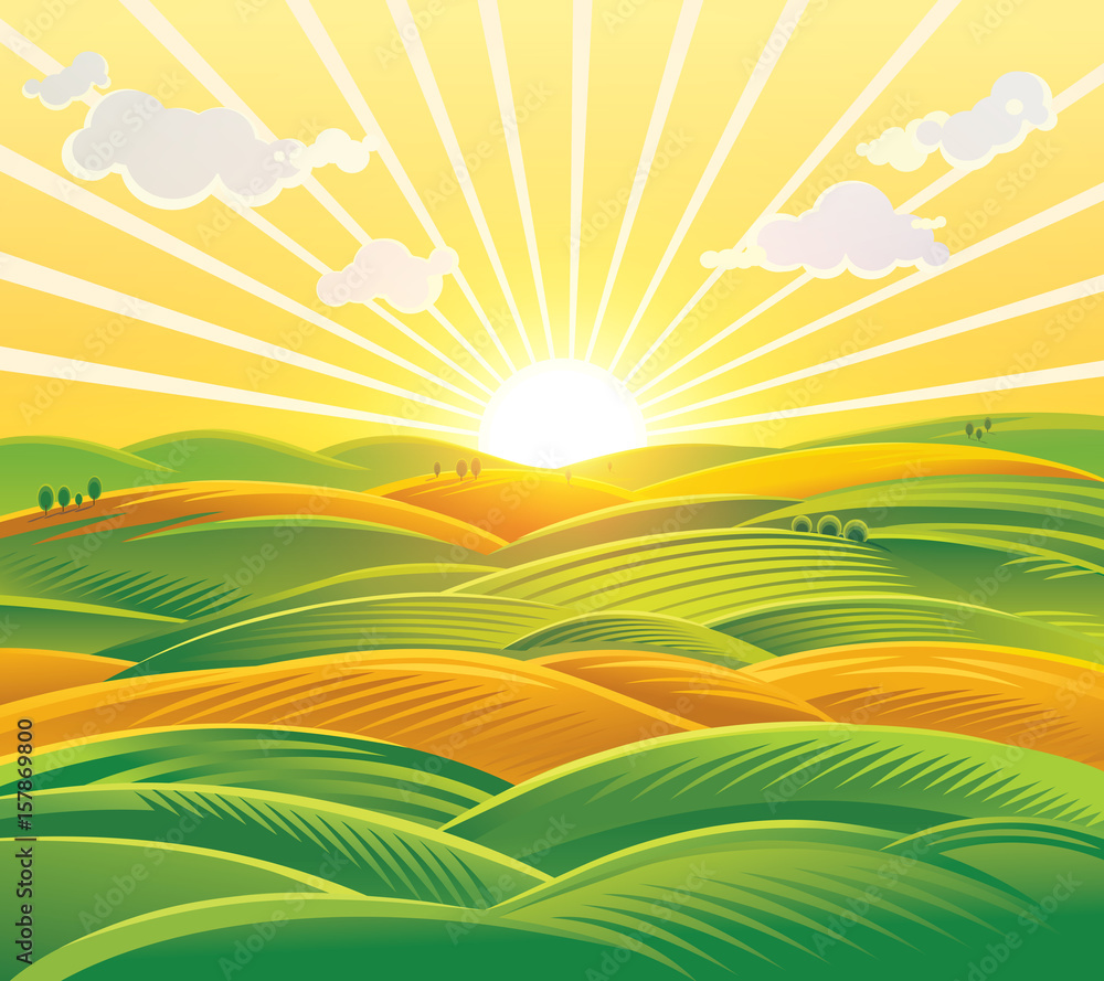 Countryside landscape, fields and hills at dawn. Raster illustration.