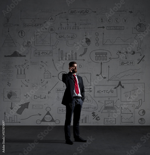 Businessman with smartphone. Schematic background. Business and office, concept.