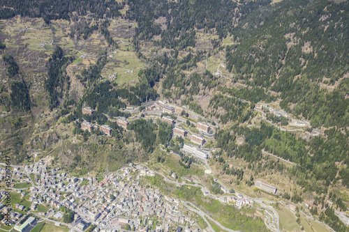 Aerial view of Sondalo and its hospitals Valtellina Lombardy Italy Europe © ClickAlps