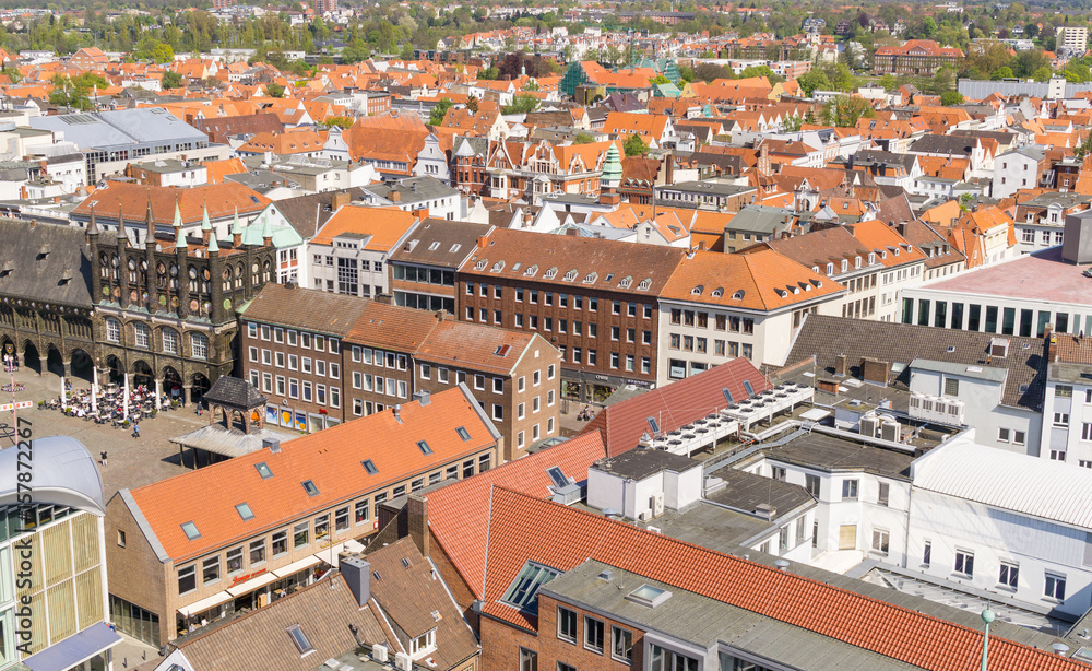 Aerial view from the Saint Petri Church tower over the summer city, Lubeck, Germany