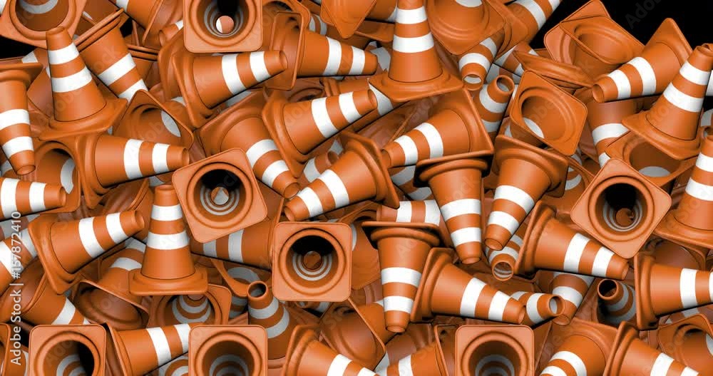 Falling traffic cones / 3D animation of plastic traffic cones filling screen Falling traffic cones / 3D animation of plastic traffic cones filling screen