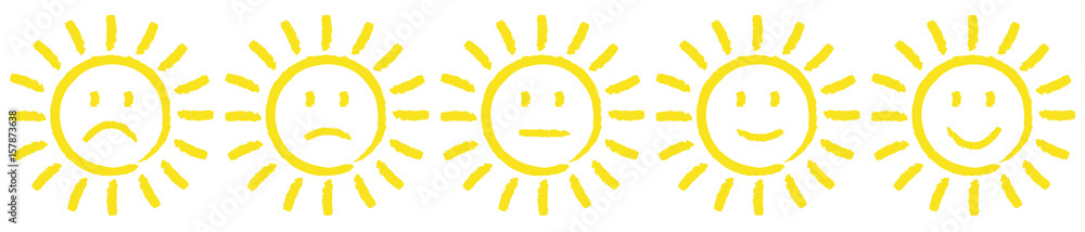 Sonnen Smiley von Traurig bis Glücklich Sonnen Smiley von Traurig bis Glücklich