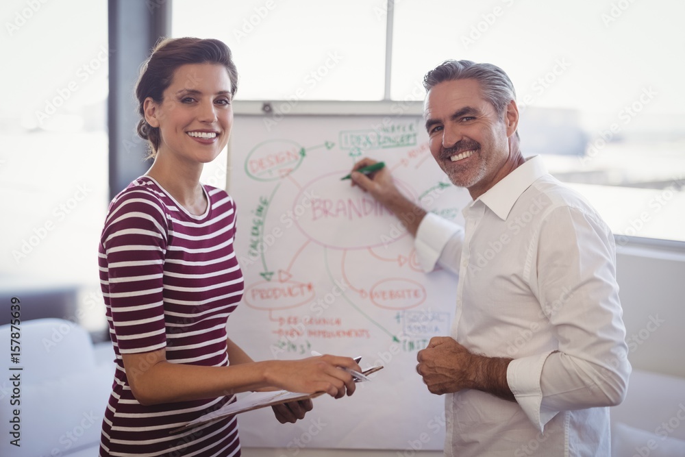 Obraz premium businessman and woman preparing strategy on whiteboard