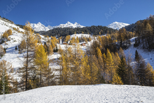 Snowy landscape and colorful trees in the small village of Sur Val Sursette Canton of GraubÃ¼nden Switzerland Europe