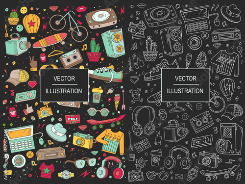 Collage elements. Templates elements of sport, clothes, equipment, music and style. Background vector illustration © lubashka