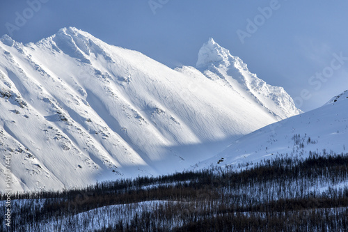 Blue sky and snow capped mountains around woods Lyngen Alps TromsÃ¸ Lapland Norway Europe