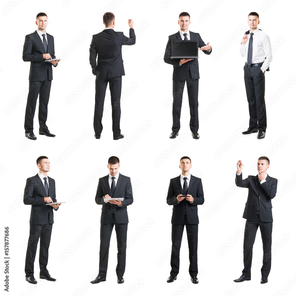 Set of a young and handsome businessman isolated on white. Business, career, job, concept. Set of a young and handsome businessman isolated on white. Business, career, job, concept.