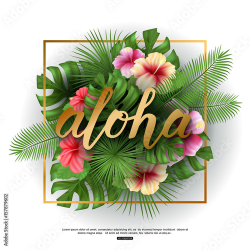 Vector illustration of aloha greeting word on green palm leaves and flowers.