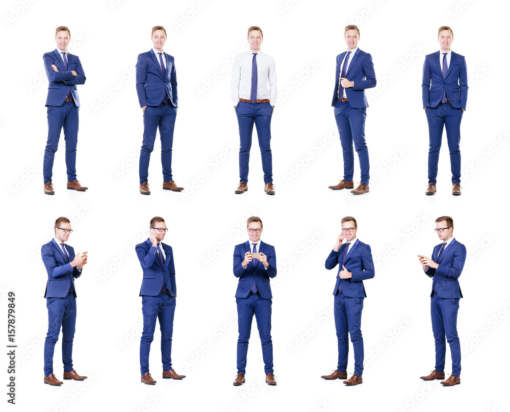 Obraz premium Set of a young and handsome businessman isolated on white.