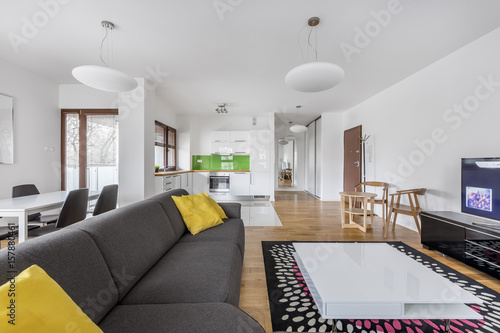 Living room with gray couch