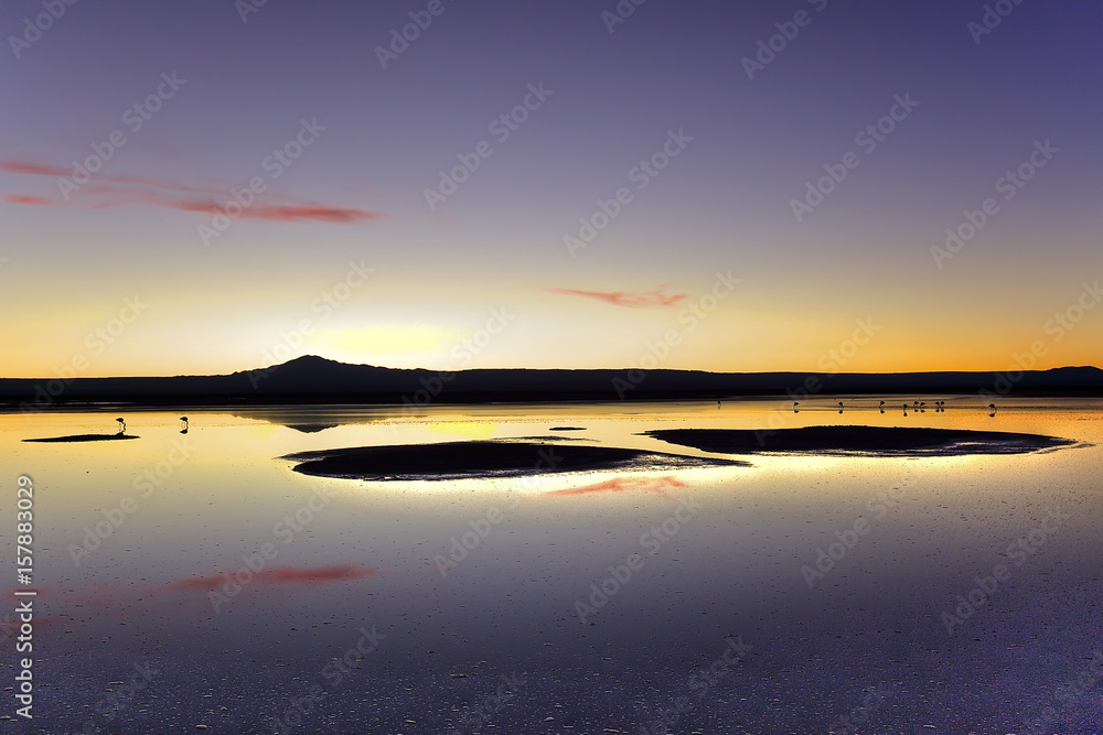 The soft colors of sunset illuminate the calm waters of a salty lagoon in Atacama Desert. Chile. South America