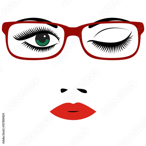 Beautiful women's portrait with glasses. Red lips, eyes, nose. Vector illustration.
