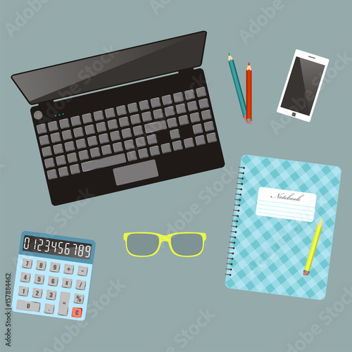 Laptop and оffice stationery. Workplace. Top view. Vector illustration.