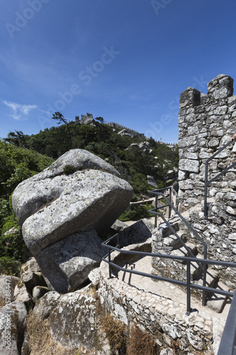 The fortified stone walls and tower of the medieval Castelo dos Mouros Sintra municipality Lisbon district Portugal Europe photo