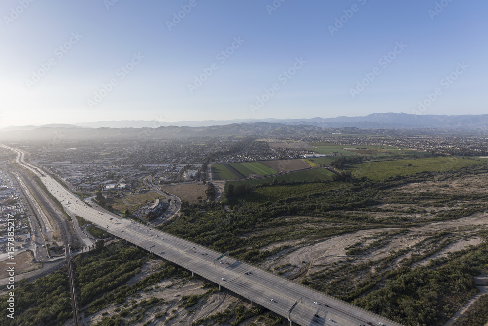 Aerial view of the 101 Freeway crossing the Santa Clara River in Ventura County, California.
