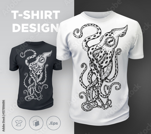 Black modern t-shirt print design with octopus