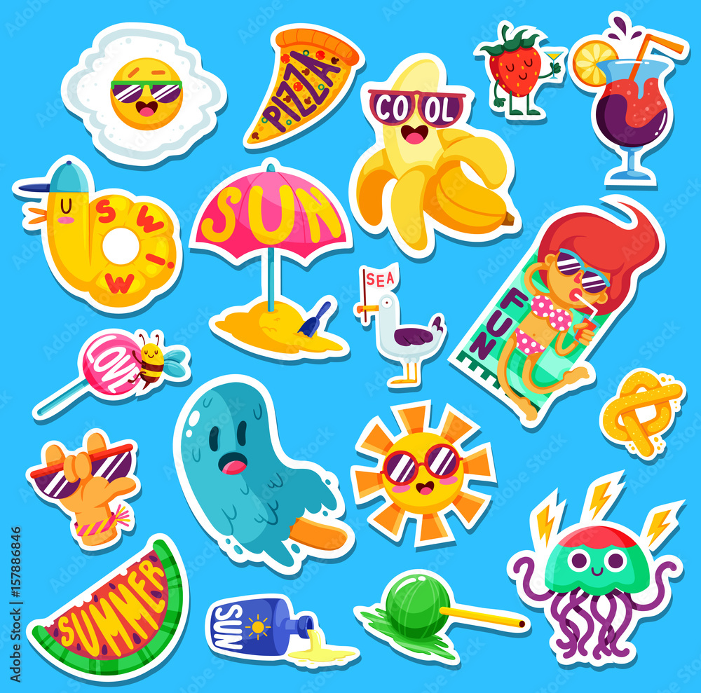 Set of funny bright Summer stickers and emblems Set of funny bright Summer stickers and emblems