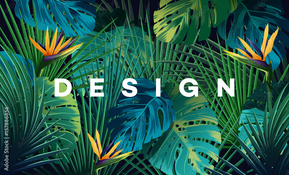 Bright tropical background with jungle plants. Exotic pattern with palm leaves. - obrazy, fototapety, plakaty 