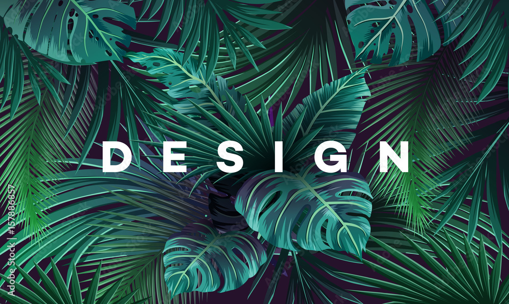 Plakat Jasne tło tropikalne z roślin dżungli. Egzotyczny wzór z liści palmowych.