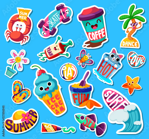 Set of funny bright Summer stickers and emblems
