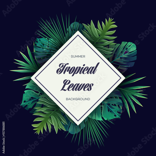 Bright tropical background with jungle plants. Exotic pattern with palm leaves.