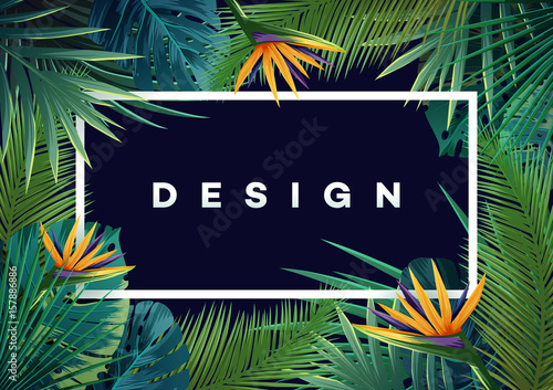 Bright tropical background with jungle plants. Exotic pattern with palm leaves.
