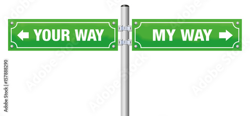 Going separate ways. MY WAY and YOUR WAY written on street signs - symbol for divorce, separation, for saying goodbye or farewell - isolated vector illustration on white background.