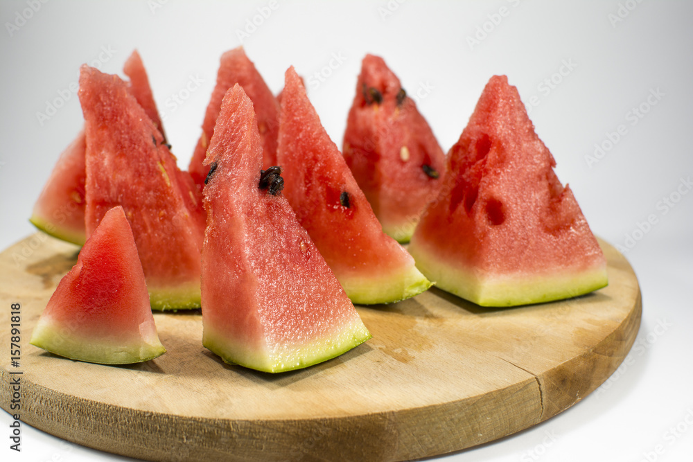 Beautifully cut watermelon slices. Beautiful ripe watermelon close-up.