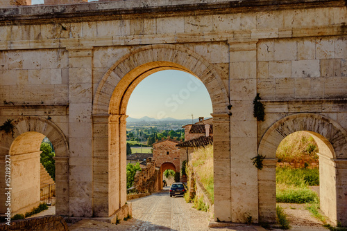 Canvas Print View of the city and small lanes of the town of Spello in Umbria Italy province