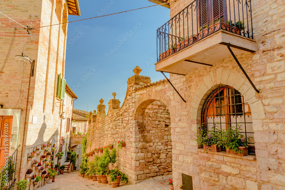 Colorful and narrow alleys of Spello city of umbria in italy