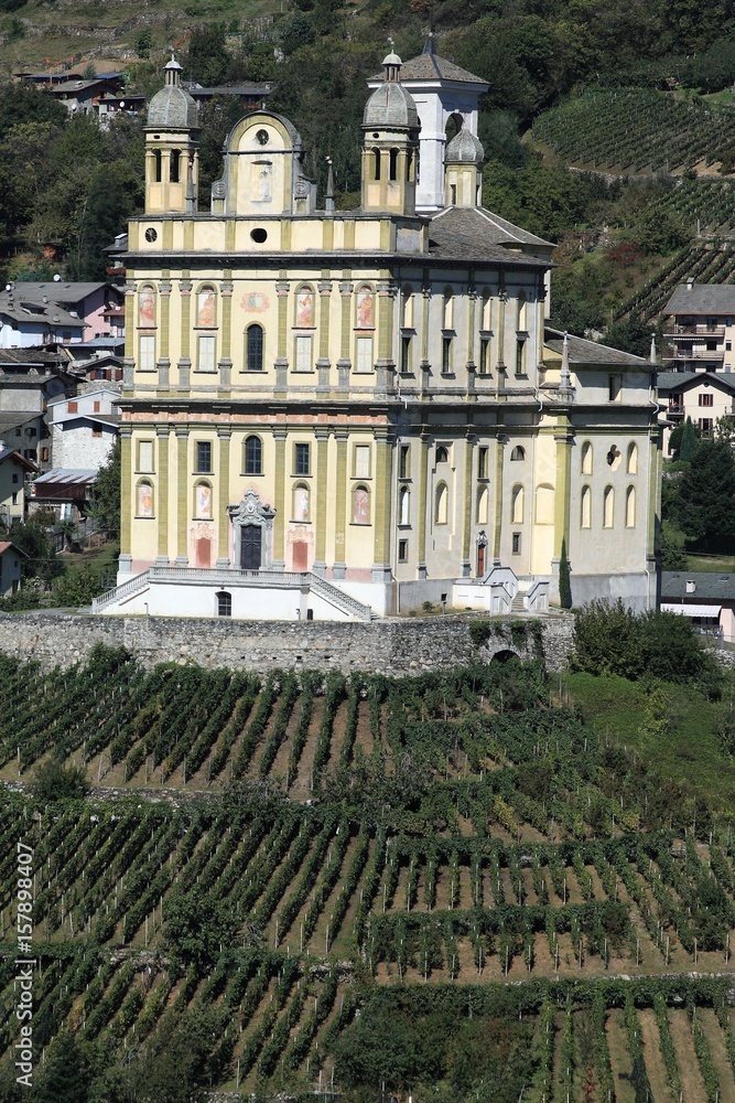 The Santa Casa in Tresivio surrounded by vineyards, Valtellina, Lombardy Italy Europe