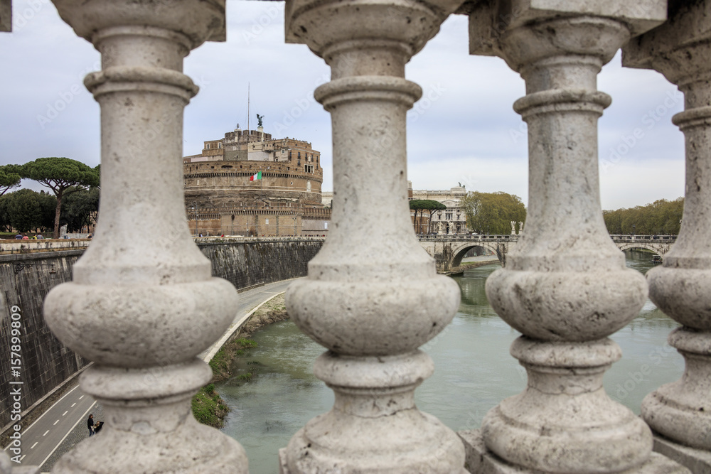 Fototapeta premium The ancient palace of Castel Sant'Angelo with statues of angels on the bridge on Tiber RIver Rome Lazio Italy Europe