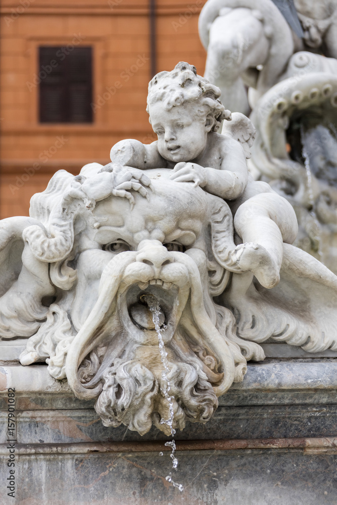 Details of the statues of the Fountain of Neptune located at the north end of Piazza Navona Rome Lazio Italy Europe