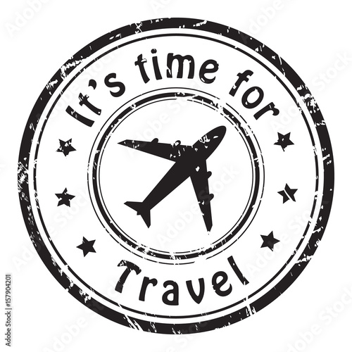 Travel time, grunge postal stamp icon, black isolated on white background, vector illustration.