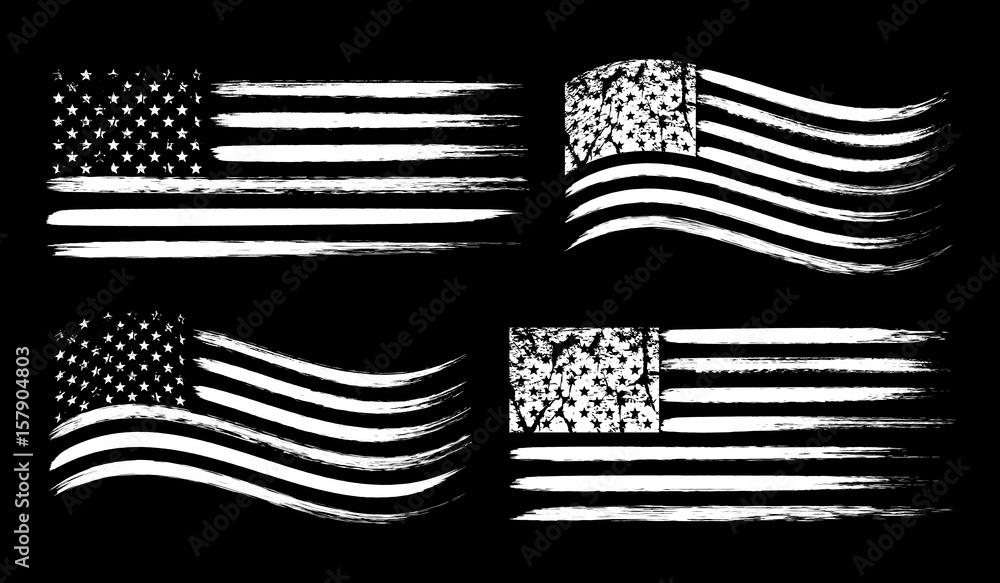 Naklejka premium USA American grunge flag set, white isolated on black background, vector illustration.