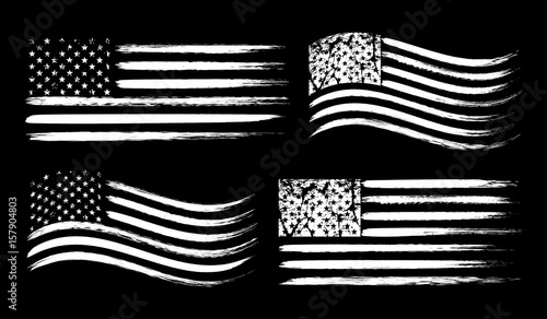 USA American grunge flag set, white isolated on black background, vector illustration.