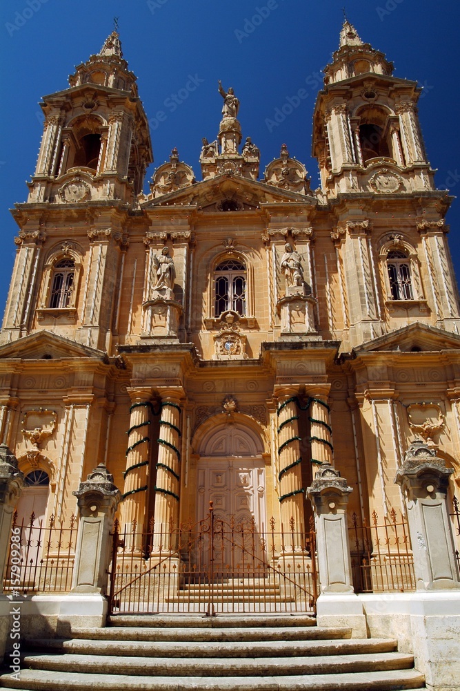 The facade of Birzebbuga Parish Church, with its decorations, statues and pillars Malta Europe