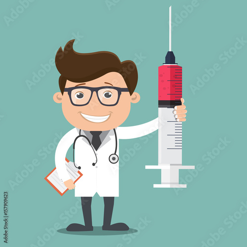 Doctor man holding syringe - vector illustration
