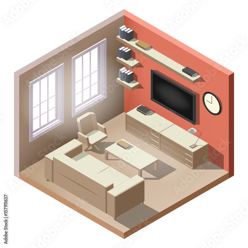 Isometric interior, room of a house, cutaway icon. Business lounge. Couch, table, tv, windows, books. Vector illustration
