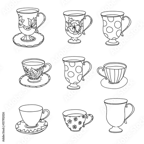 Coloring page set. Cupcake, ice cream, tea pot, cup.