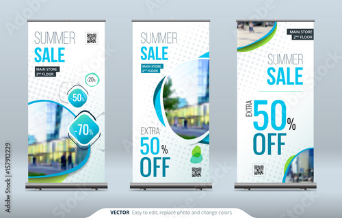 Business Roll Up Banner stand. Presentation concept. Abstract modern roll up background. Vertical roll up template billboard, banner stand or flag design layout. Poster for conference, forum, shop