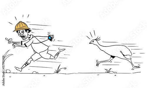 Vector Cartoon of Male Tourist Running Away from Large Ostrich Bird