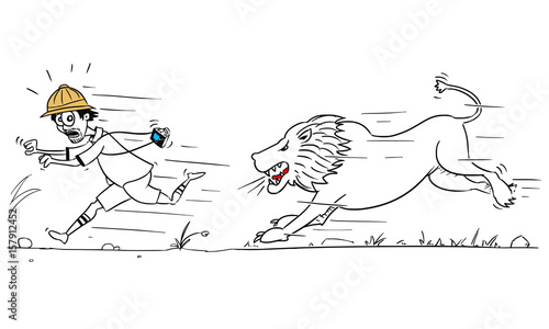 Vector Cartoon of Male Tourist Running Away from Male Lion