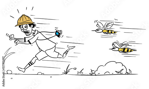 Vector Cartoon of Male Tourist Running Away from Large Bee or Wasp Swarm
