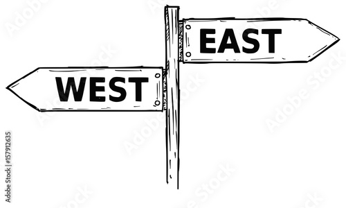 Cartoon Vector Direction Sign with Two Decision Arrows West and East