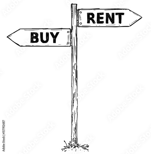 Cartoon Vector Direction Sign with Two Decision Arrows Rent and Buy
