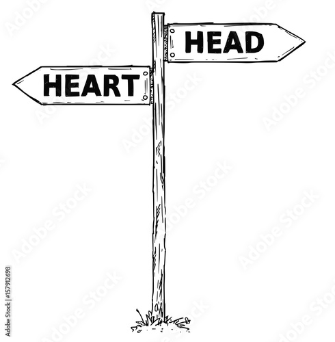 Cartoon Vector Direction Sign with Two Decision Arrows Head and Heart