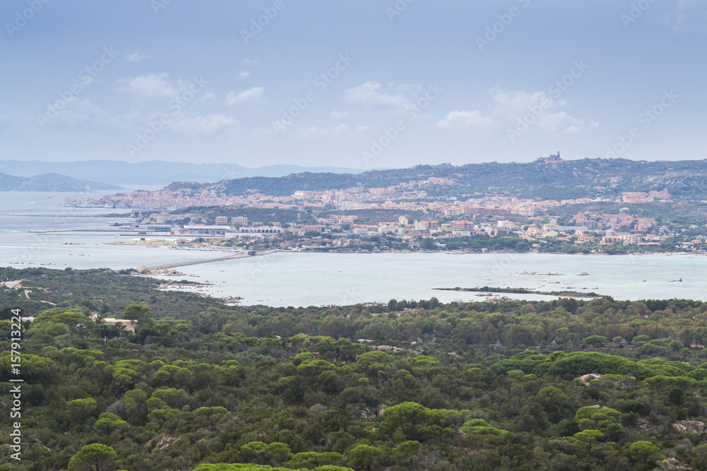 View of the characteristic village and blue sea of Caprera La Maddalena Island Sardinia Italy Europe