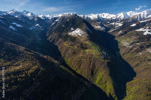 Aerial view of the Bitto valley, Albaredo valley and Gerola valley. In the middle of the image the small village of Bema Orobie natural park, Valtellina, Sondrio, Lombardy, Italy Europe