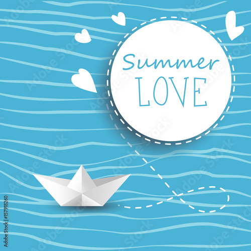 Summer love poster banner vector  illustration with paper boat